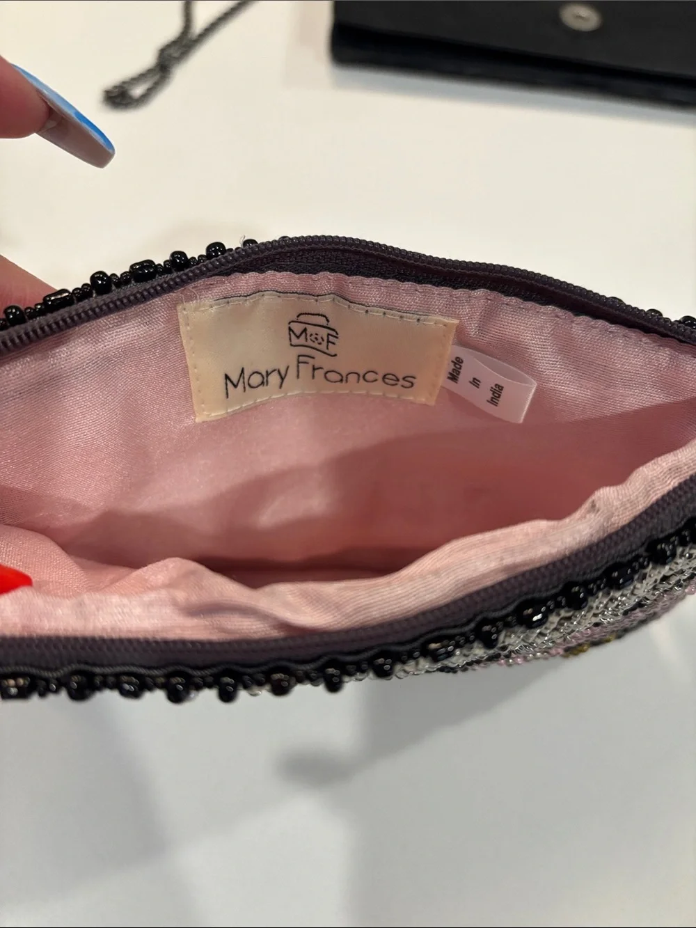 Mary Frances Beaded Sugar Skull Crossbody Clutch Black with Pink Floral Accents - Picture 6 of 9